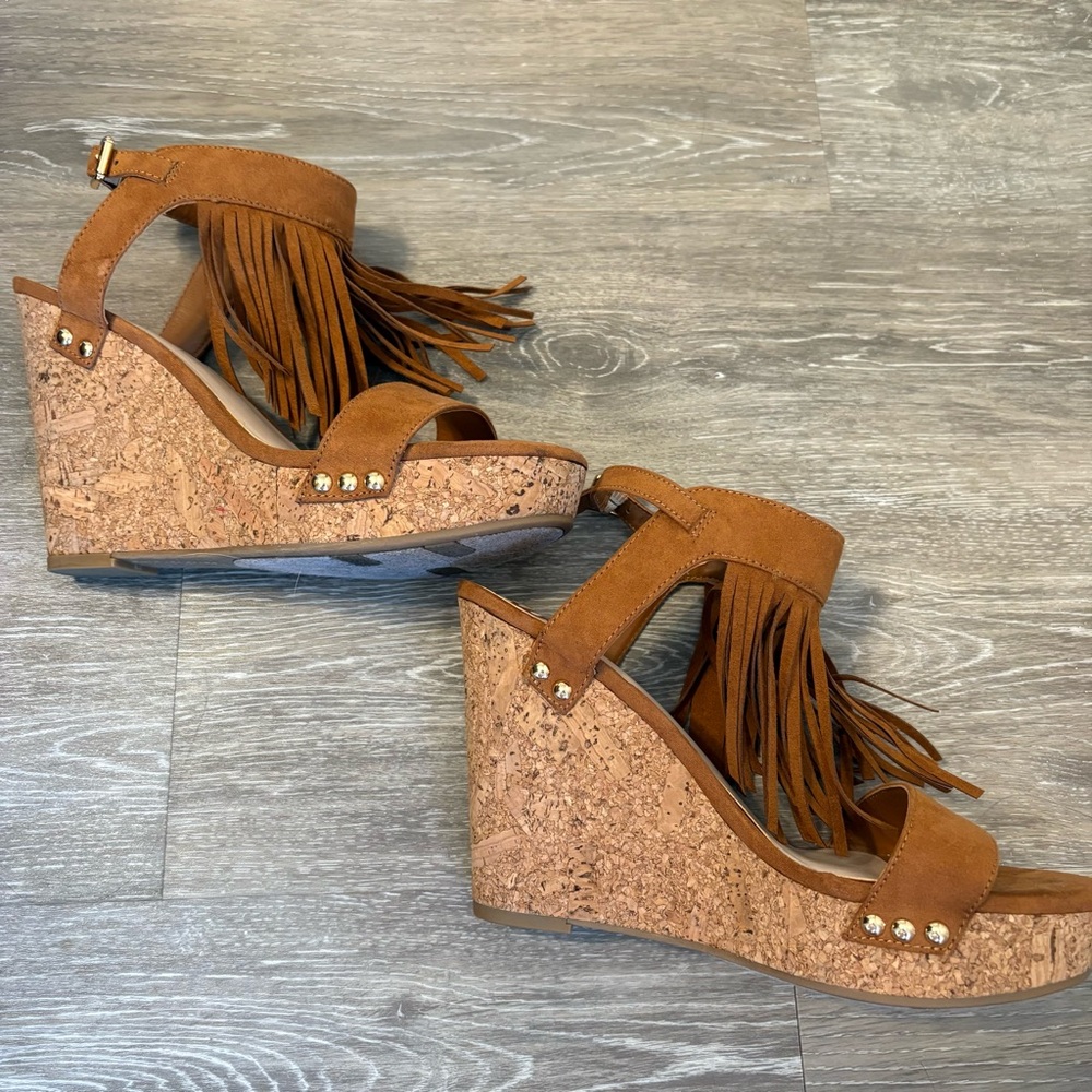 Fergalicious Fringe Suede Wedge Sandals - cognac